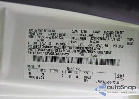 2011 Ford E-150 Commercial z USA, uszkodzony, nr VIN 1FTNE1EW0BDA33523